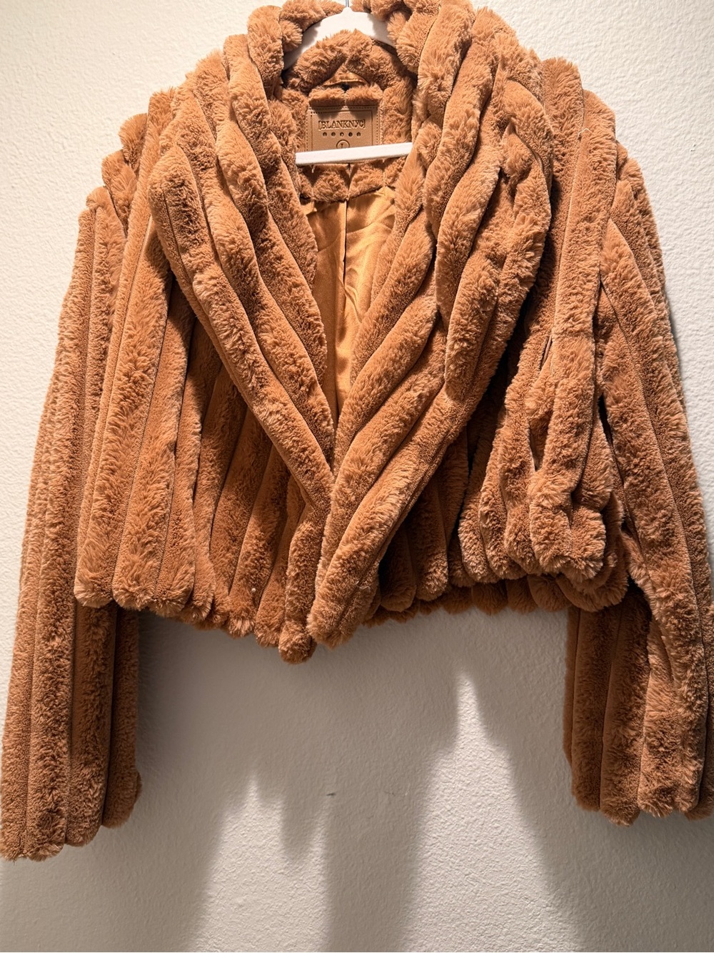 Blank NYC Cropped Teddy Faux-Fur Jacket in Camel Brown